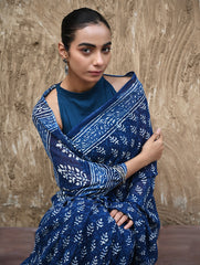 Dabu Vibes : Hand Block Printed Georgette Saree - Neele Gagan