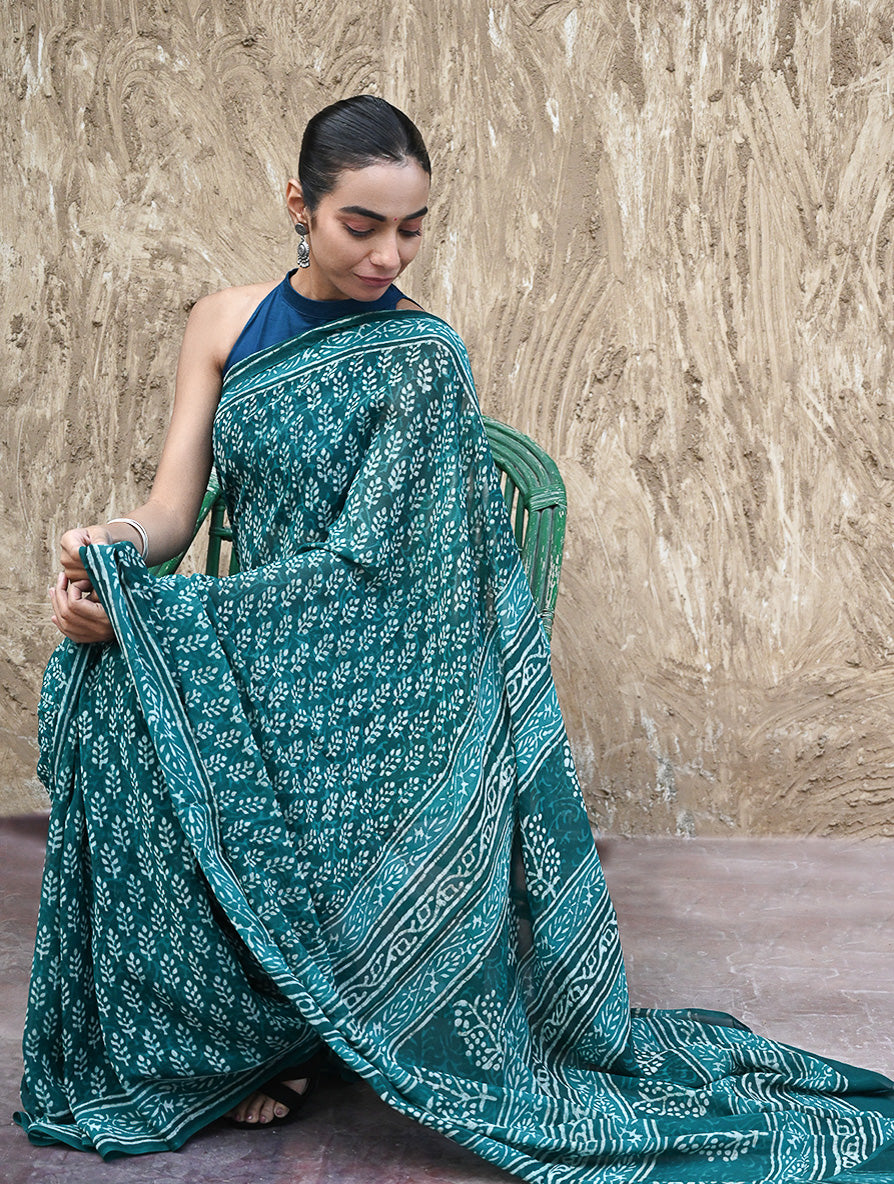 Dabu Vibes : Hand Block Printed Georgette Saree - Samudri