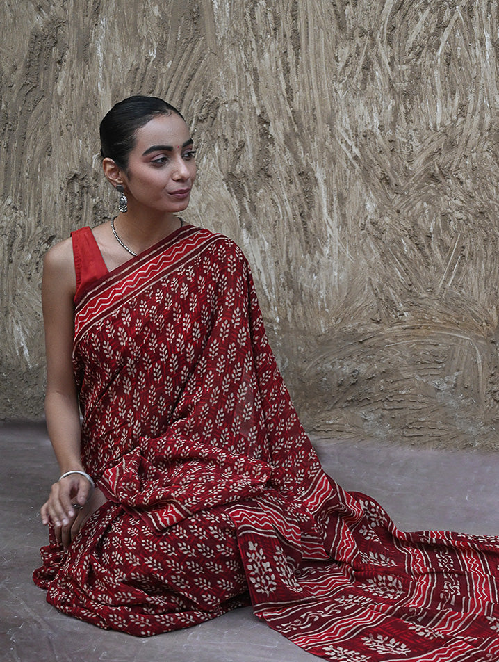 Dabu Vibes : Hand Block Printed Georgette Saree - Surkh Angoori