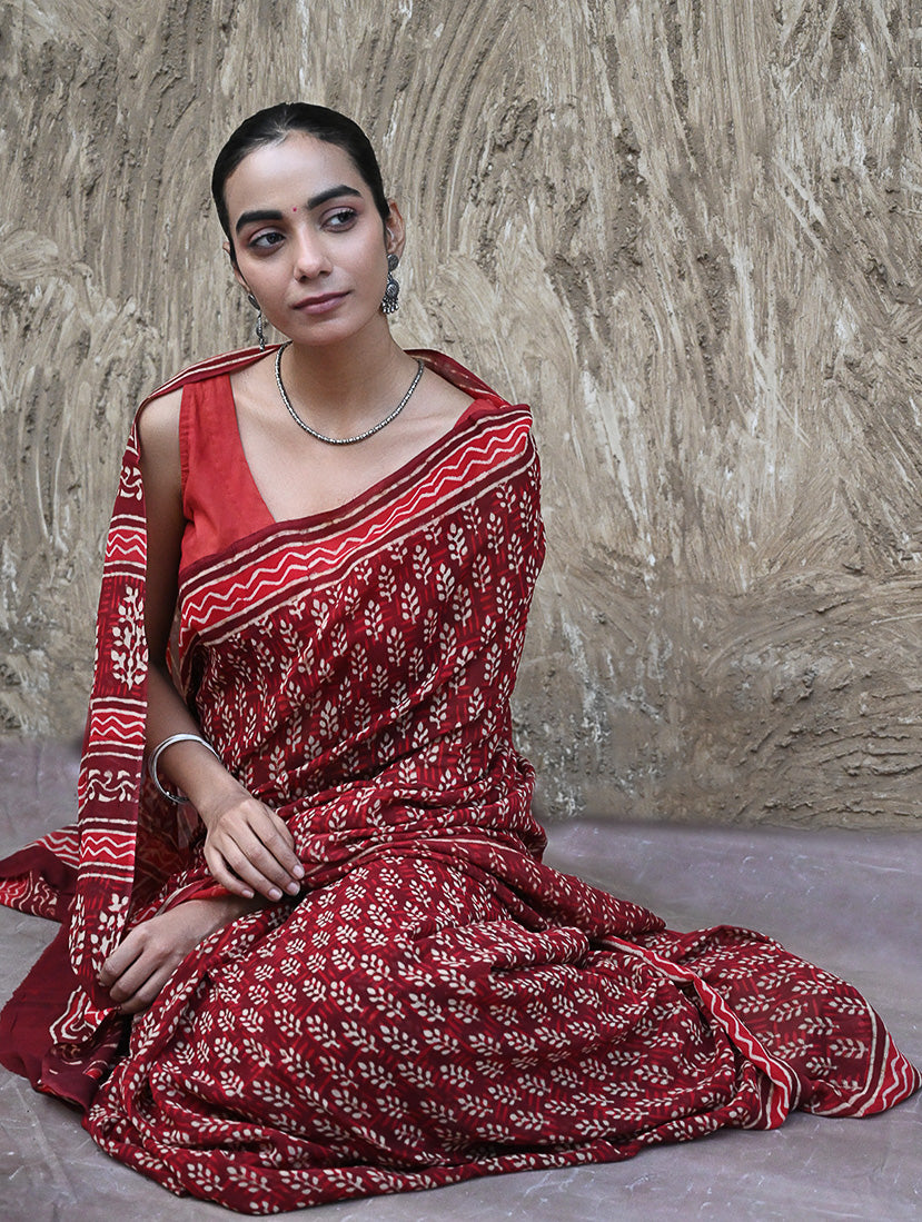 Dabu Vibes : Hand Block Printed Georgette Saree - Surkh Angoori