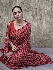Dabu Vibes : Hand Block Printed Georgette Saree - Surkh Angoori