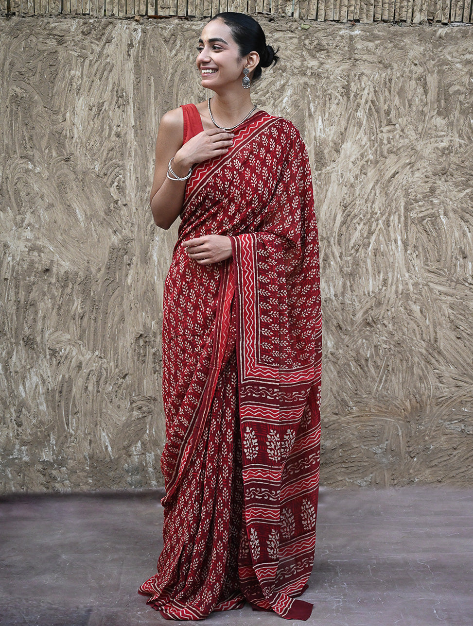 Dabu Vibes : Hand Block Printed Georgette Saree - Surkh Angoori