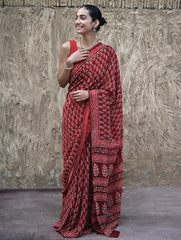Dabu Vibes : Hand Block Printed Georgette Saree - Surkh Angoori
