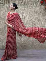 Dabu Vibes : Hand Block Printed Georgette Saree - Surkh Angoori