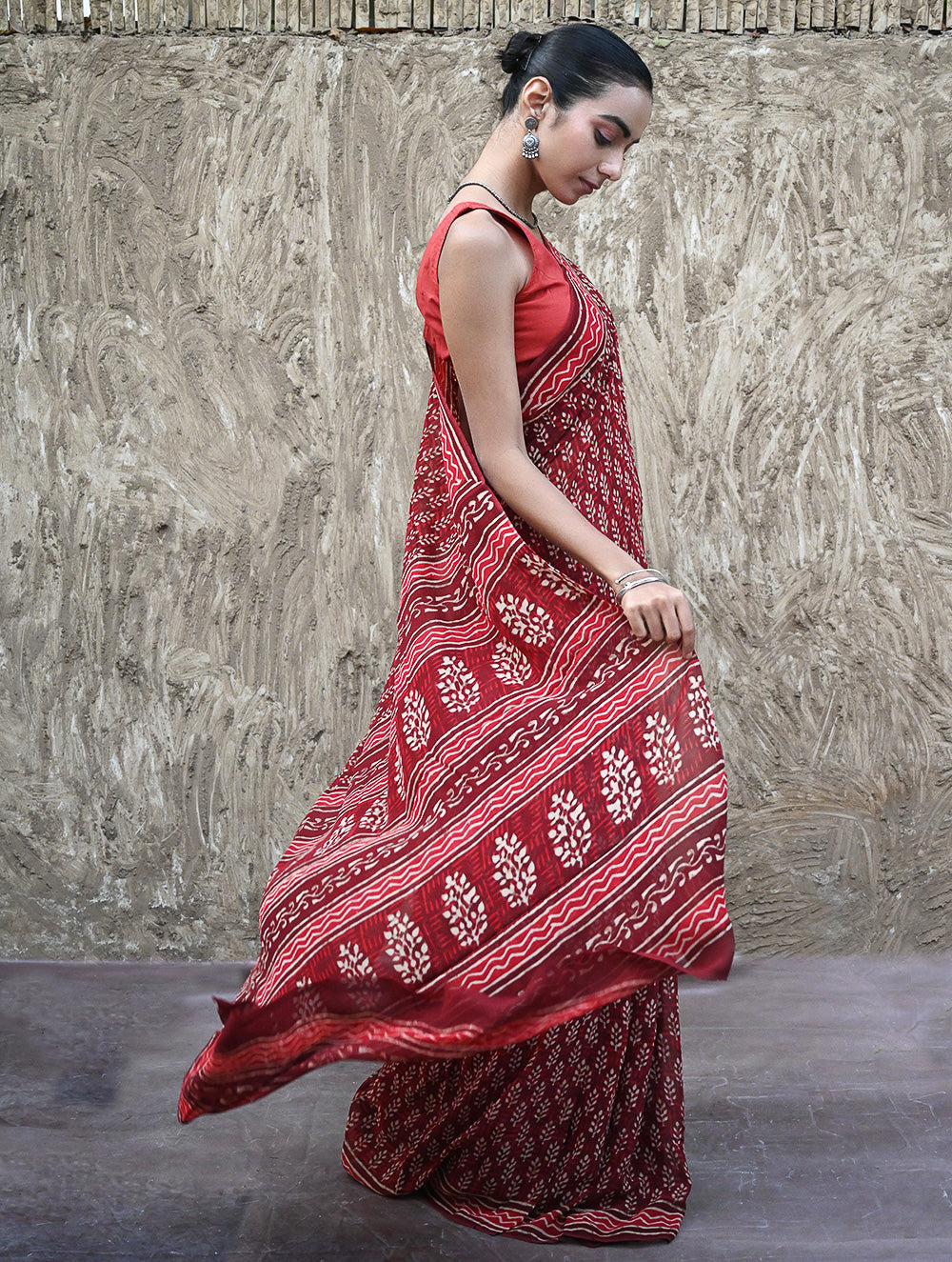 Dabu Vibes : Hand Block Printed Georgette Saree - Surkh Angoori