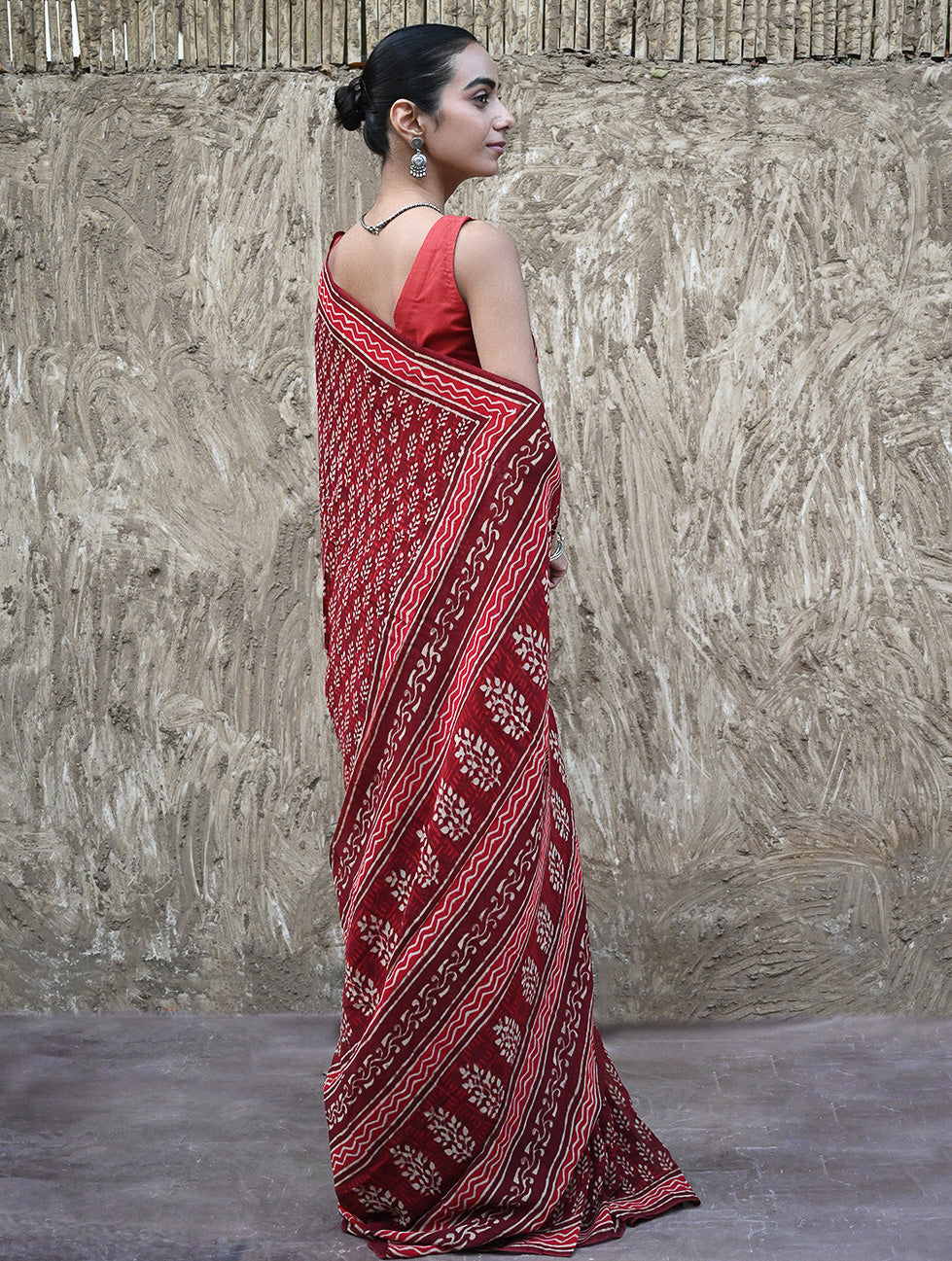 Dabu Vibes : Hand Block Printed Georgette Saree - Surkh Angoori
