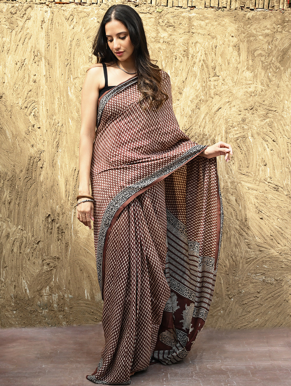 Bagru Statements : Hand Block Printed Modal Silk Saree - Maru Kasturi