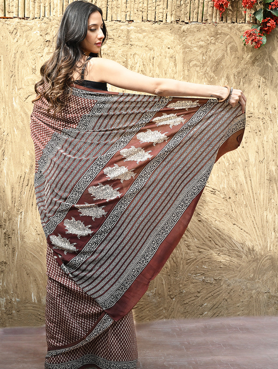 Bagru Statements : Hand Block Printed Modal Silk Saree - Maru Kasturi