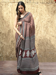 Bagru Statements : Hand Block Printed Modal Silk Saree - Maru Kasturi
