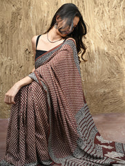 Bagru Statements : Hand Block Printed Modal Silk Saree - Maru Kasturi