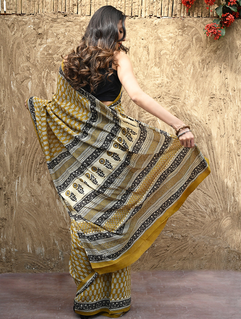 Bagru Statements : Hand Block Printed Modal Silk Saree - Peeli Dhara
