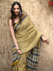 Bagru Statements : Hand Block Printed Modal Silk Saree - Peeli Dhara