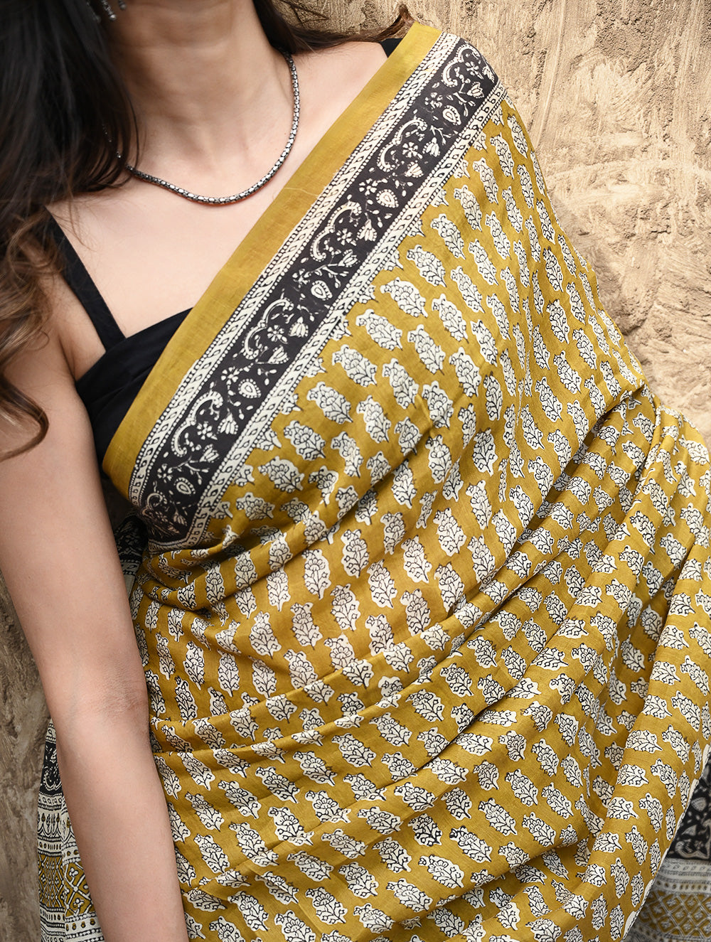 Bagru Statements : Hand Block Printed Modal Silk Saree - Peeli Dhara