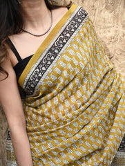 Bagru Statements : Hand Block Printed Modal Silk Saree - Peeli Dhara