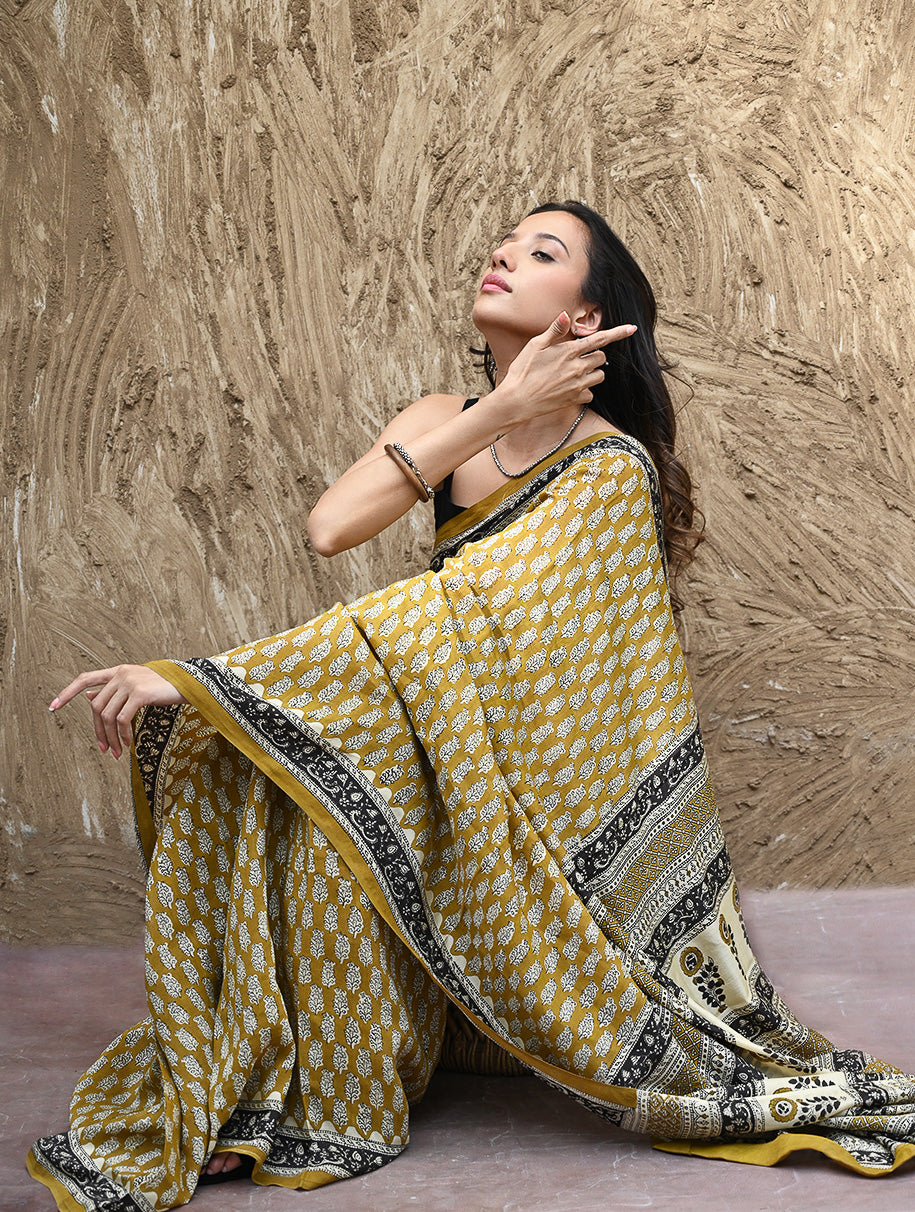 Bagru Statements : Hand Block Printed Modal Silk Saree - Peeli Dhara