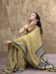 Bagru Statements : Hand Block Printed Modal Silk Saree - Peeli Dhara