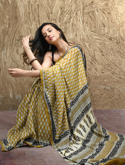 Bagru Statements : Hand Block Printed Modal Silk Saree - Peeli Dhara