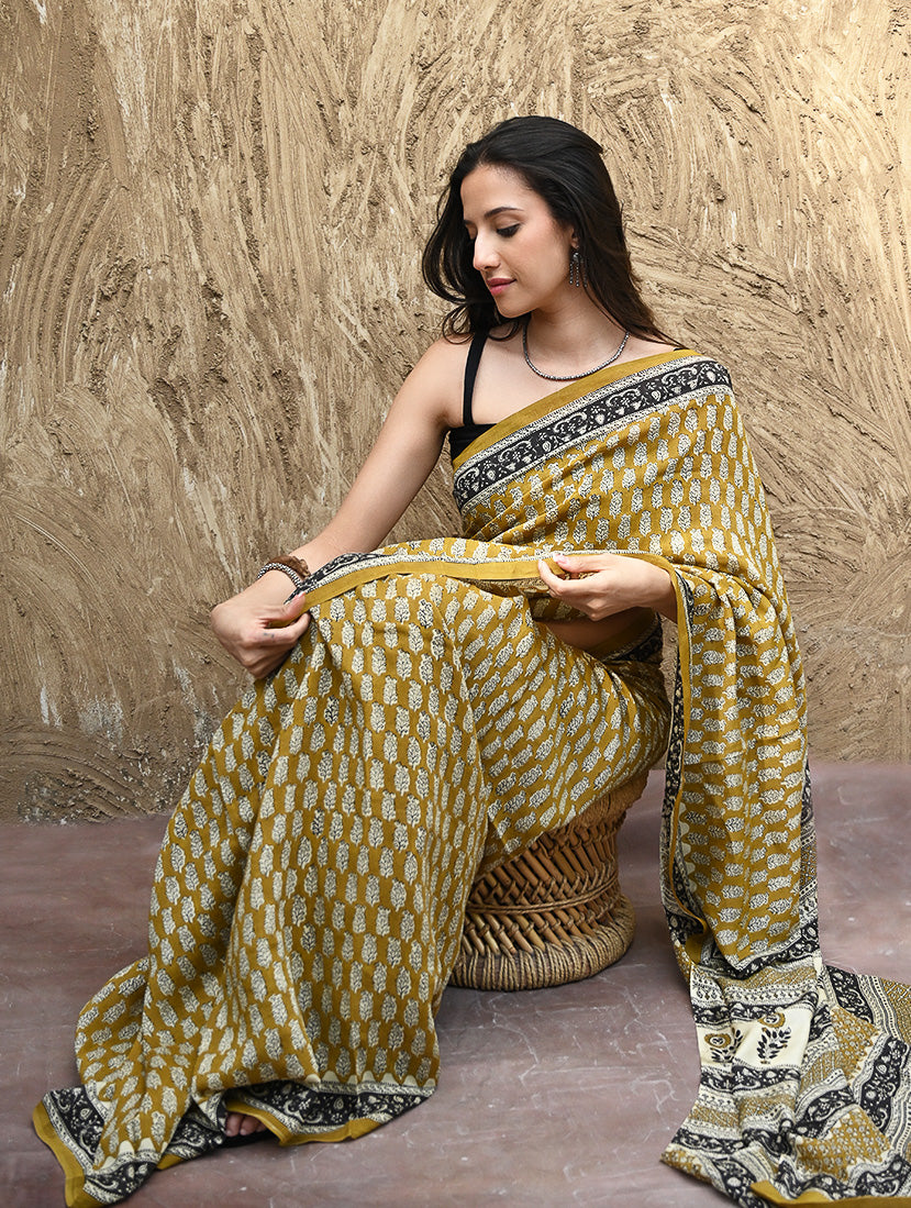 Bagru Statements : Hand Block Printed Modal Silk Saree - Peeli Dhara