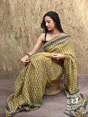 Bagru Statements : Hand Block Printed Modal Silk Saree - Peeli Dhara