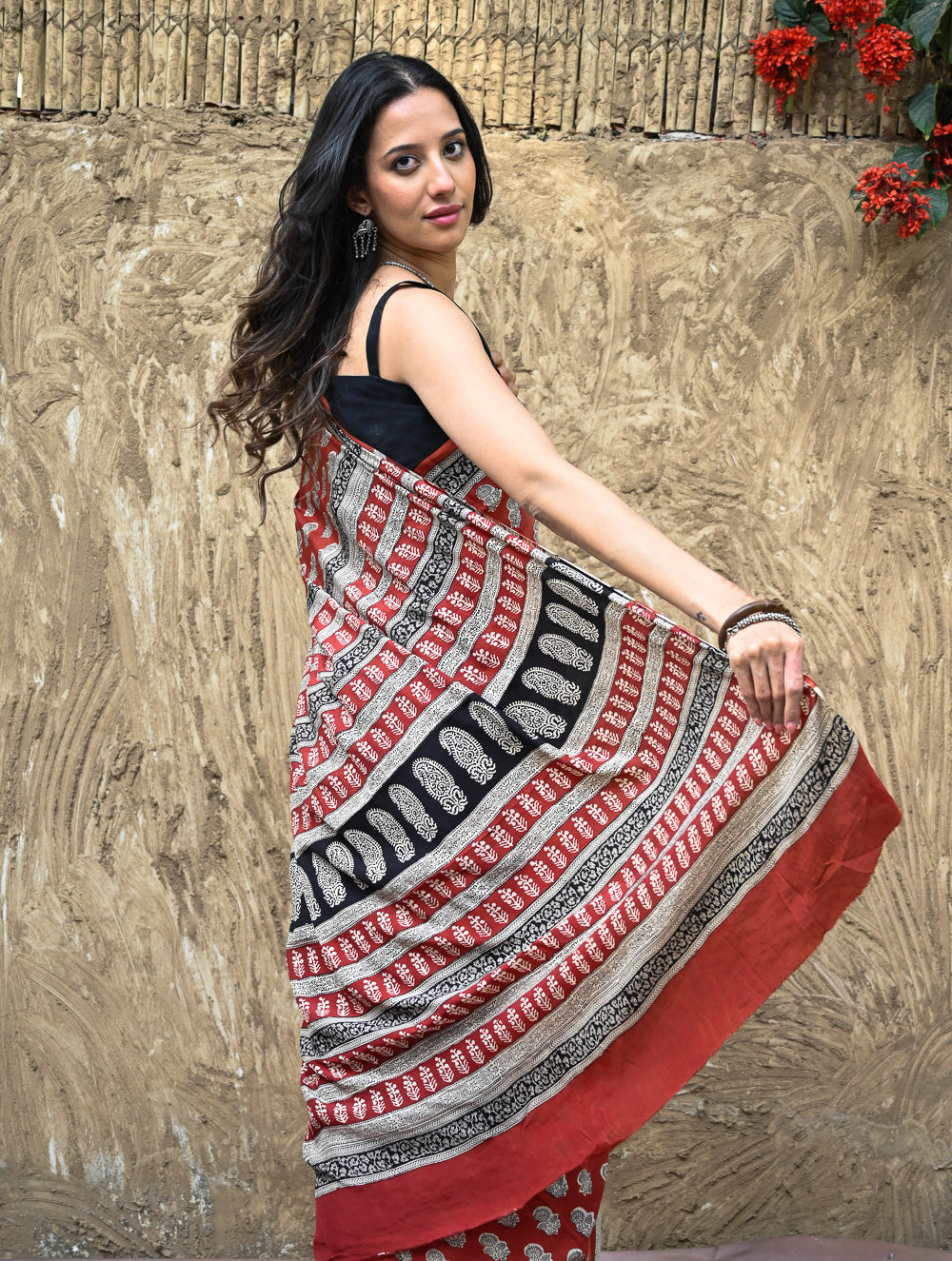 Bagru Statements : Hand Block Printed Modal Silk Saree - Surkh Bela