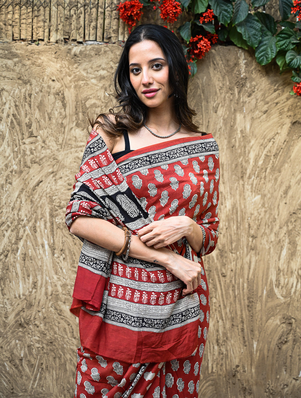 Bagru Statements : Hand Block Printed Modal Silk Saree - Surkh Bela