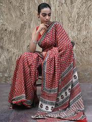 Bagru Statements : Hand Block Printed Modal Silk Saree - Lal Buti
