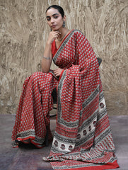 Bagru Statements : Hand Block Printed Modal Silk Saree - Lal Buti