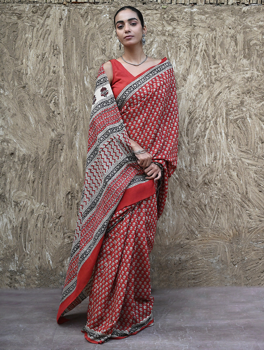 Bagru Statements : Hand Block Printed Modal Silk Saree - Lal Buti