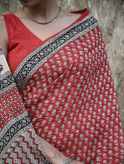 Bagru Statements : Hand Block Printed Modal Silk Saree - Lal Buti