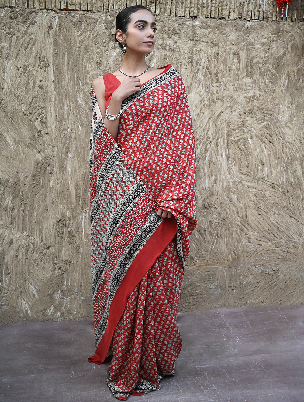 Bagru Statements : Hand Block Printed Modal Silk Saree - Lal Buti