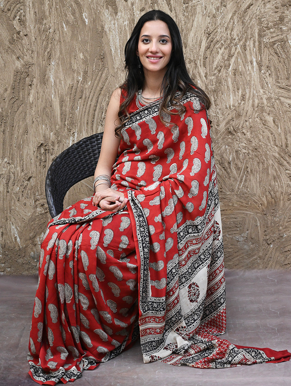Bagru Statements : Hand Block Printed Modal Silk Saree - Geru Amiya