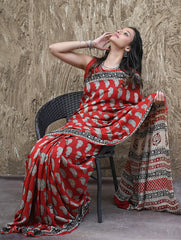 Bagru Statements : Hand Block Printed Modal Silk Saree - Geru Amiya