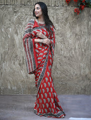 Bagru Statements : Hand Block Printed Modal Silk Saree - Geru Amiya