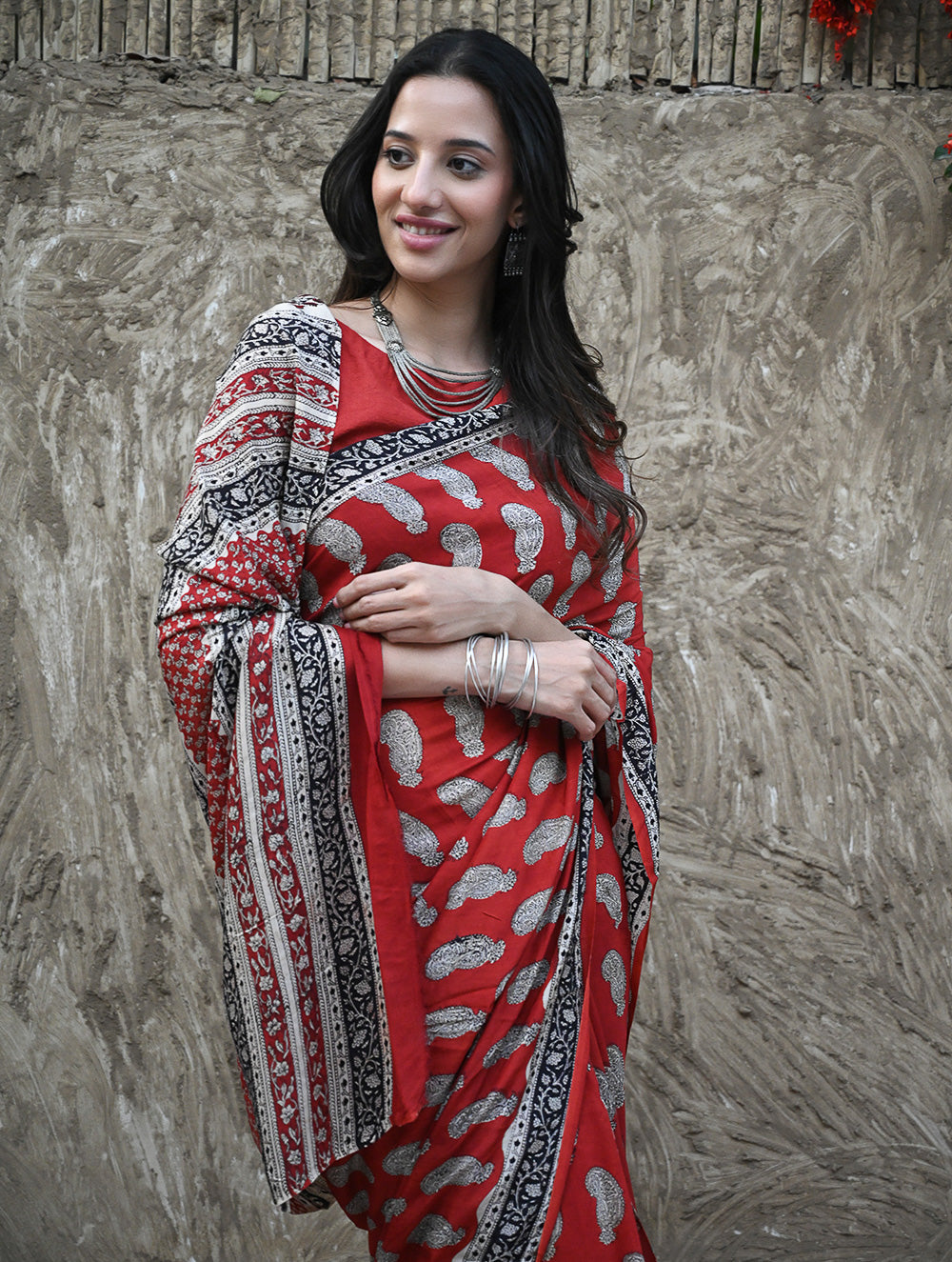 Bagru Statements : Hand Block Printed Modal Silk Saree - Geru Amiya