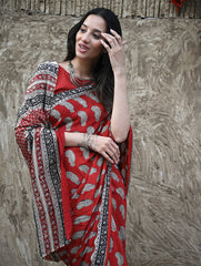 Bagru Statements : Hand Block Printed Modal Silk Saree - Geru Amiya