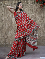 Bagru Statements : Hand Block Printed Modal Silk Saree - Geru Amiya