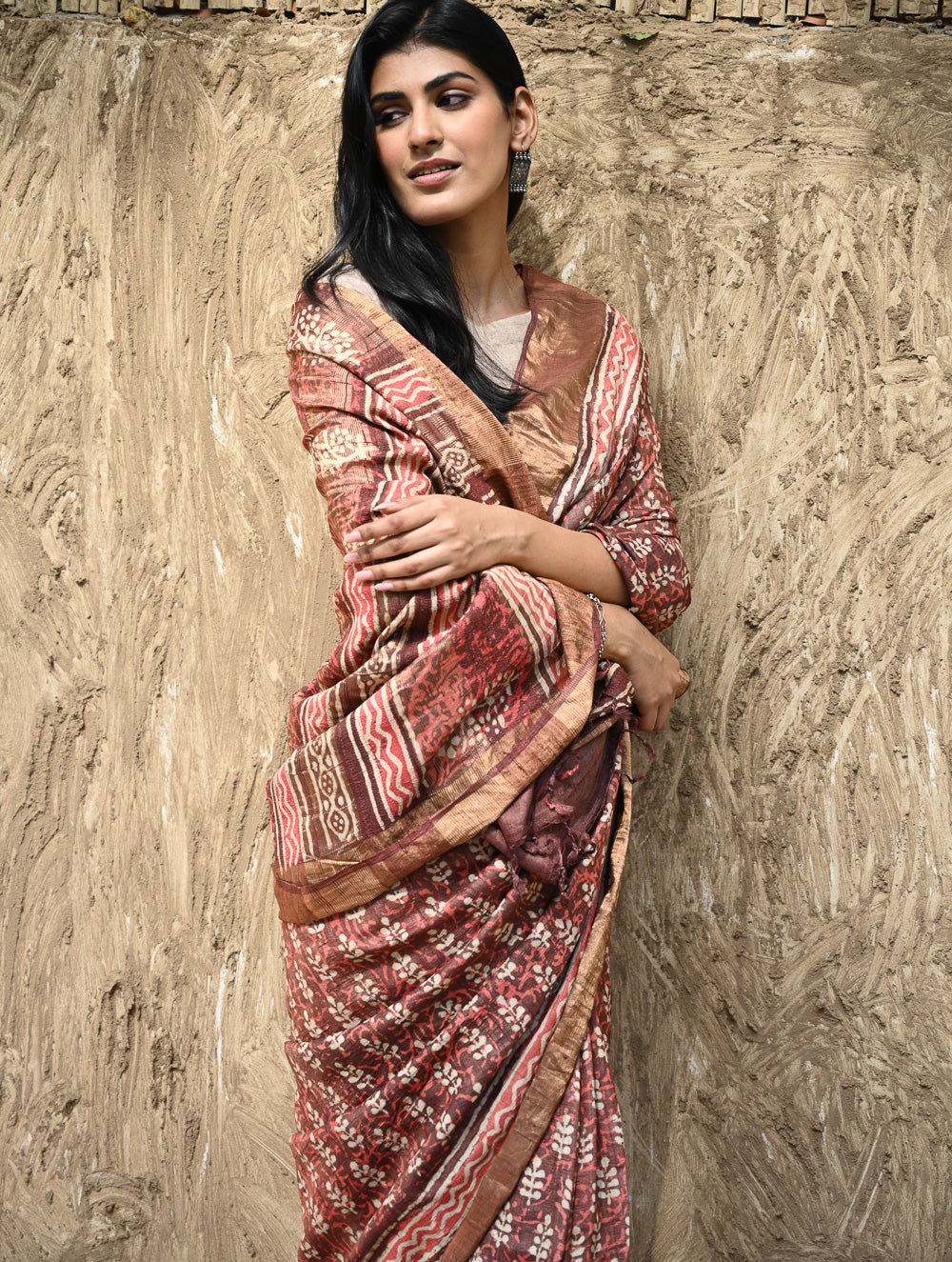 Dabu Vibes : Hand Block Printed Tussore Silk Saree - Gerua