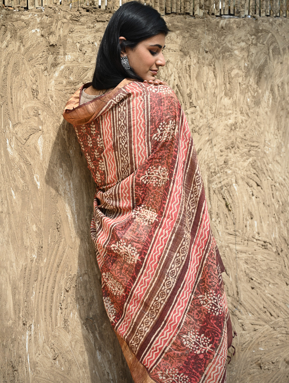Dabu Vibes : Hand Block Printed Tussore Silk Saree - Gerua
