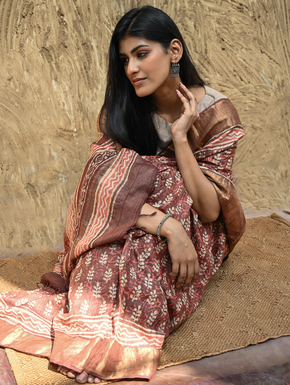 Dabu Vibes : Hand Block Printed Tussore Silk Saree - Gerua