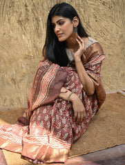 Dabu Vibes : Hand Block Printed Tussore Silk Saree - Gerua