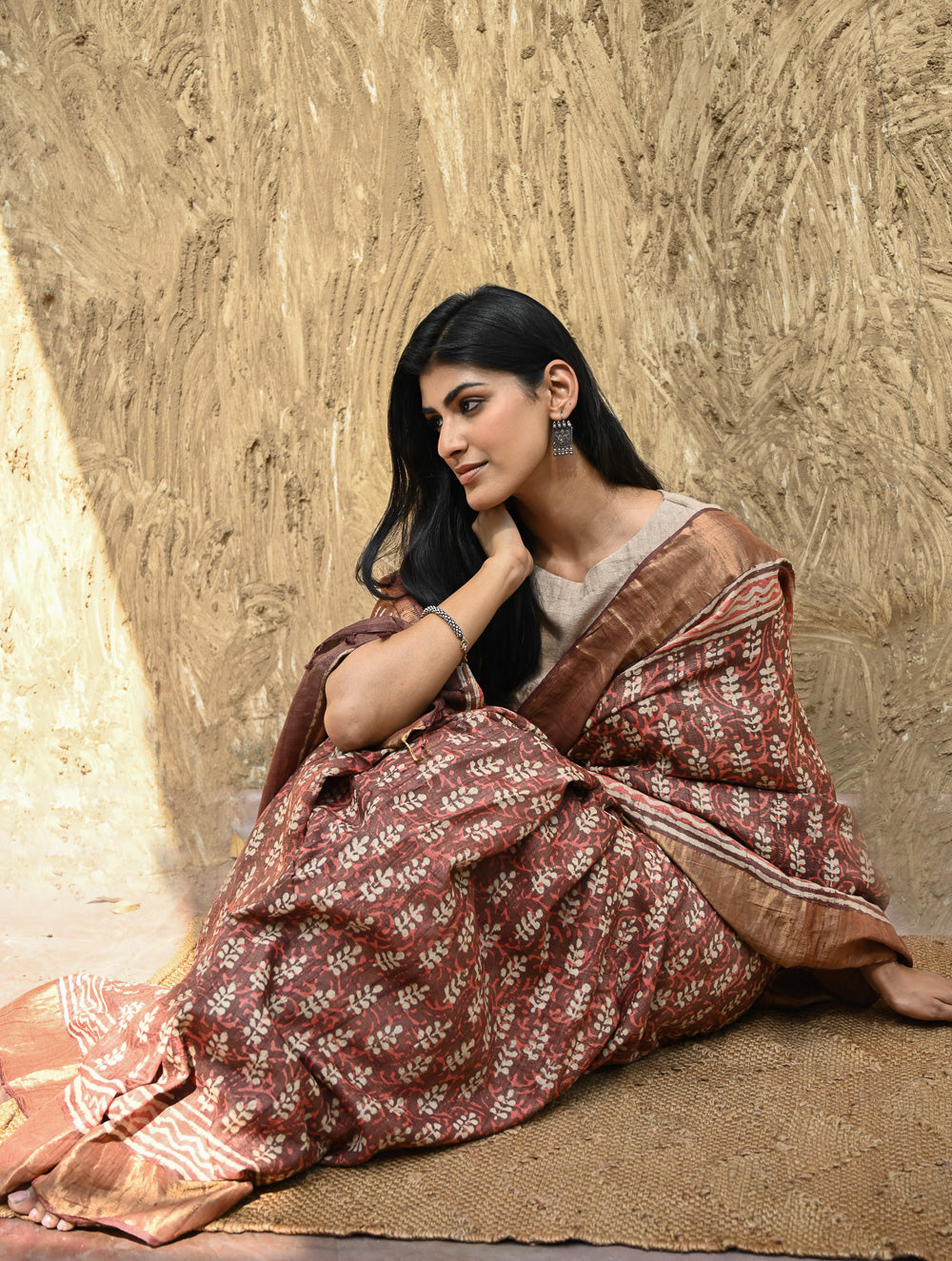 Dabu Vibes : Hand Block Printed Tussore Silk Saree - Gerua