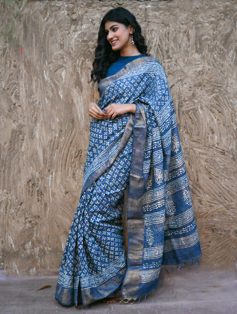 Dabu Vibes : Hand Block Printed Tussore Silk Saree - Neel Bhanwar