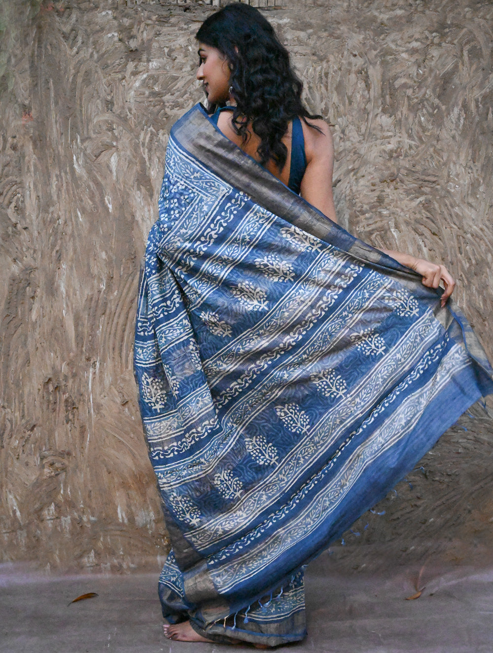 Dabu Vibes : Hand Block Printed Tussore Silk Saree - Neel Bhanwar