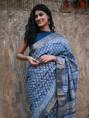 Dabu Vibes : Hand Block Printed Tussore Silk Saree - Neel Bhanwar