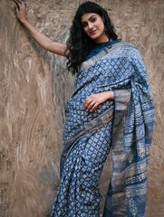 Dabu Vibes : Hand Block Printed Tussore Silk Saree - Neel Bhanwar