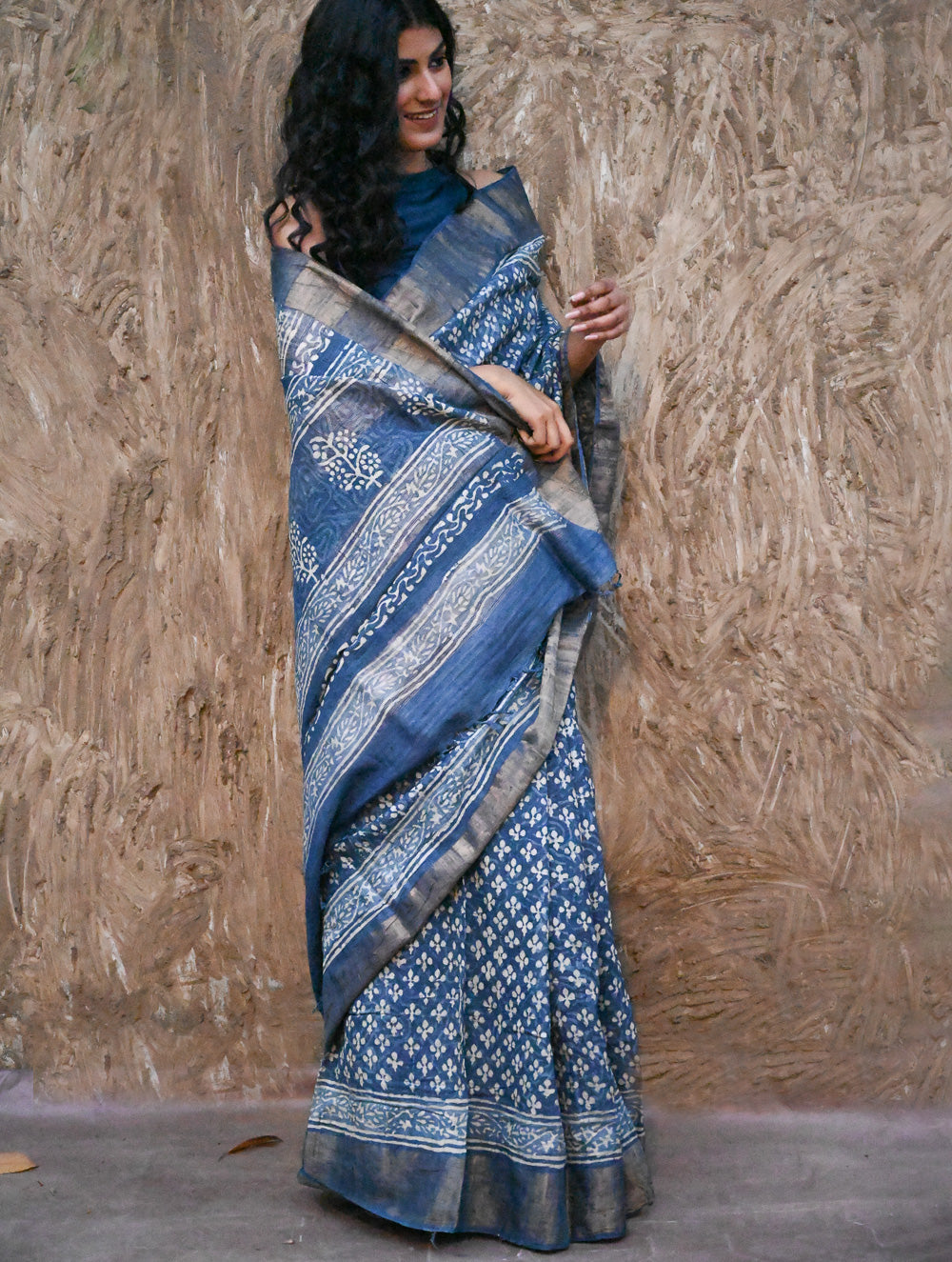Dabu Vibes : Hand Block Printed Tussore Silk Saree - Neel Bhanwar