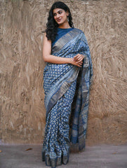 Dabu Vibes : Hand Block Printed Tussore Silk Saree - Neel Bhanwar