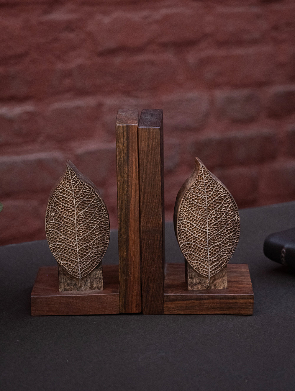 Nazakat. Exclusive, Fine Hand Engraved Wood Block Book Ends (Set of 2) - The Leaf