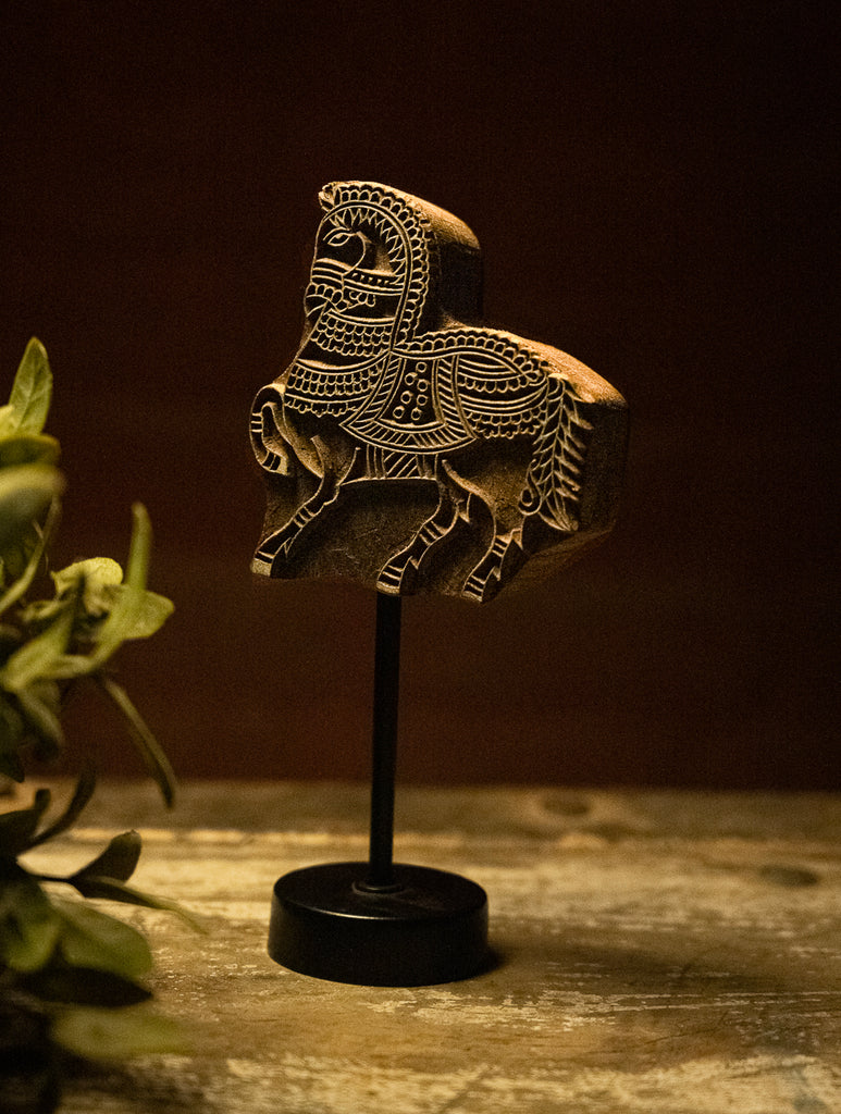 Nazakat. Exclusive, Fine Hand Engraved Wood Block Curio - Galloping Horse