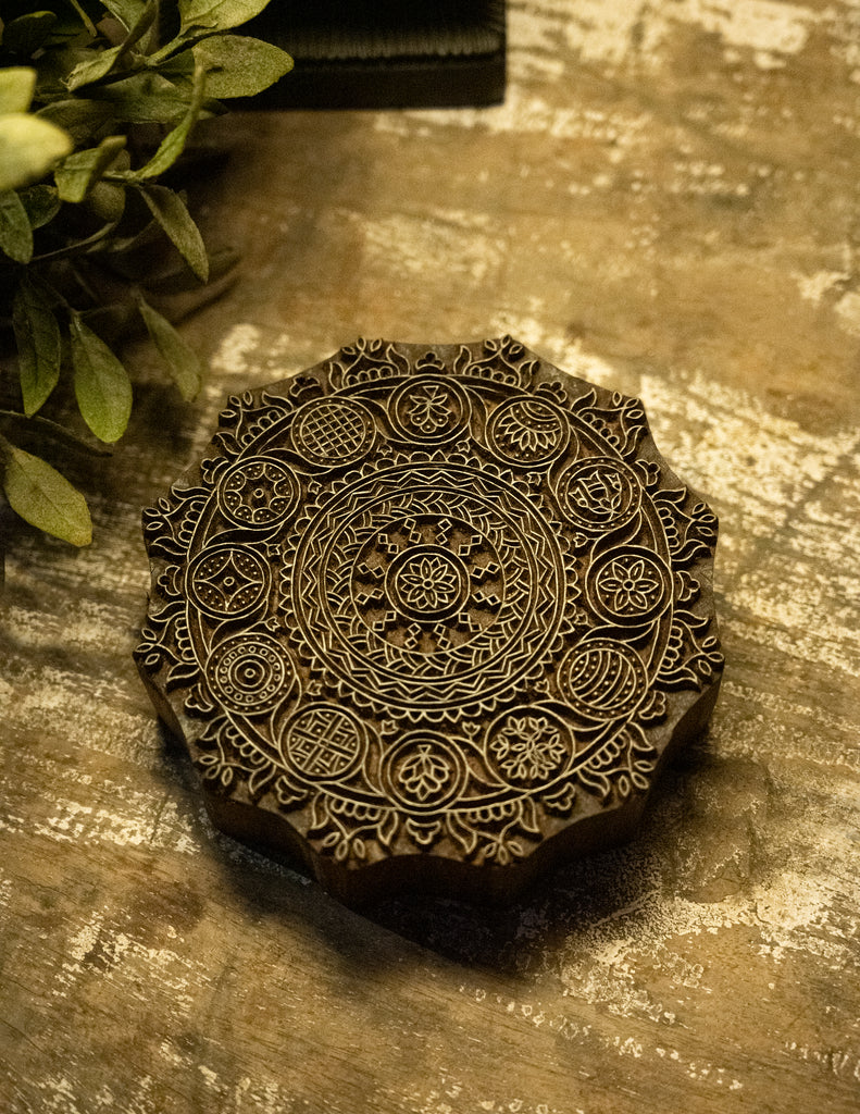 Nazakat. Exclusive, Fine Hand Engraved Wood Block Curio - Mandala